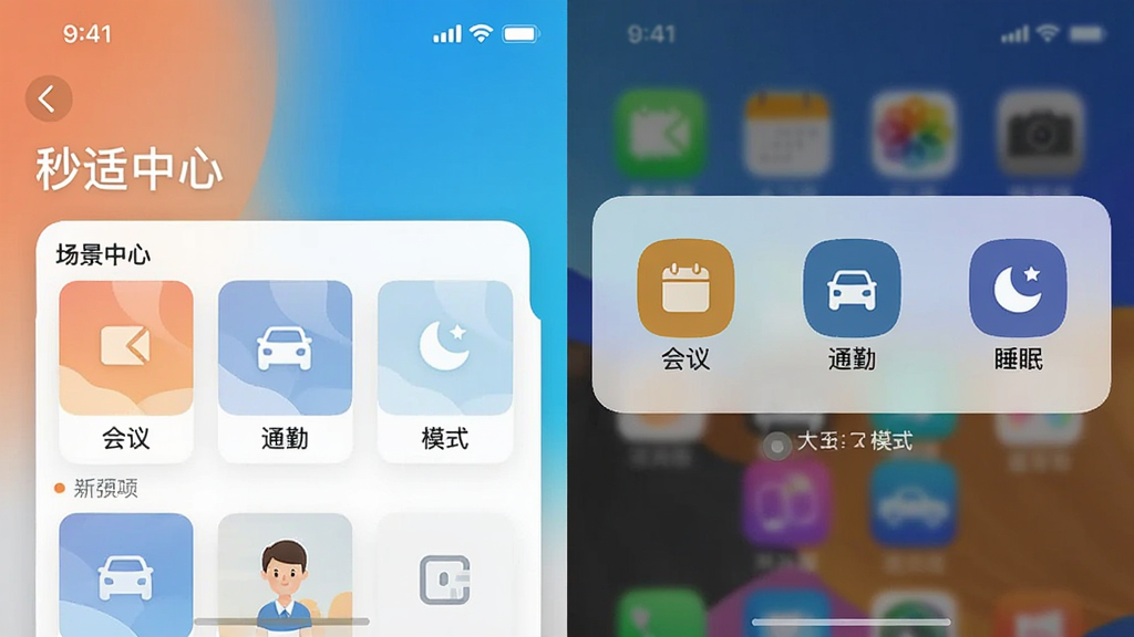 一张对比图,左侧显示“秒适”APP的“场景中心”页面,右侧显示手机通知栏,展示“会议”、“通勤”、“睡眠”等模式图标,背景用不同颜色区分,风格现代,排版清晰,画质干净,无多余元素。