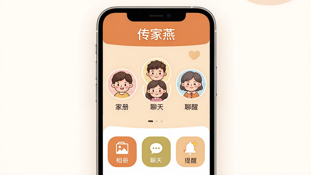 һ��չʾ������App���ֻ��ϵ�������Ч��ͼ�����涥���С������ࡱ�������м���ʾ��ͥ��Ա�Ŀ�ͨͷ������֣��·��С���ᡱ�������족�������ѡ�������Ҫ���ܰ�ť�����������ܰ����ůɫ��Ϊ�������ʸɾ����޶���Ԫ�ء�