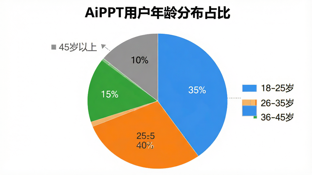 һ�ű�״ͼ������Ϊ��AiPPT�û�����ֲ�ռ�ȡ���ͼ�з�Ϊ�ĸ�ɫ�飬��ɫ����18-25��ռ35%����ɫ����26-35��ռ40%����ɫ����36-45��ռ15%����ɫ����45������ռ10%��ͼ��������ɫ������������Ϊ����ɫ�����ʸɾ���