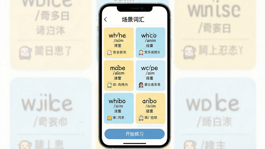 展示奇多多口语宝词汇学习卡片的界面,主体是一张竖版手机截图,屏幕上排列着多个彩色词汇卡片,每张卡片包含一个英文单词、音标、中文释义和例句,卡片背景是浅黄色和淡蓝色交替。屏幕顶部有“场景词汇”标题,底部有“开始练习”按钮。风格清新,排版整齐,画质干净无多余元素。