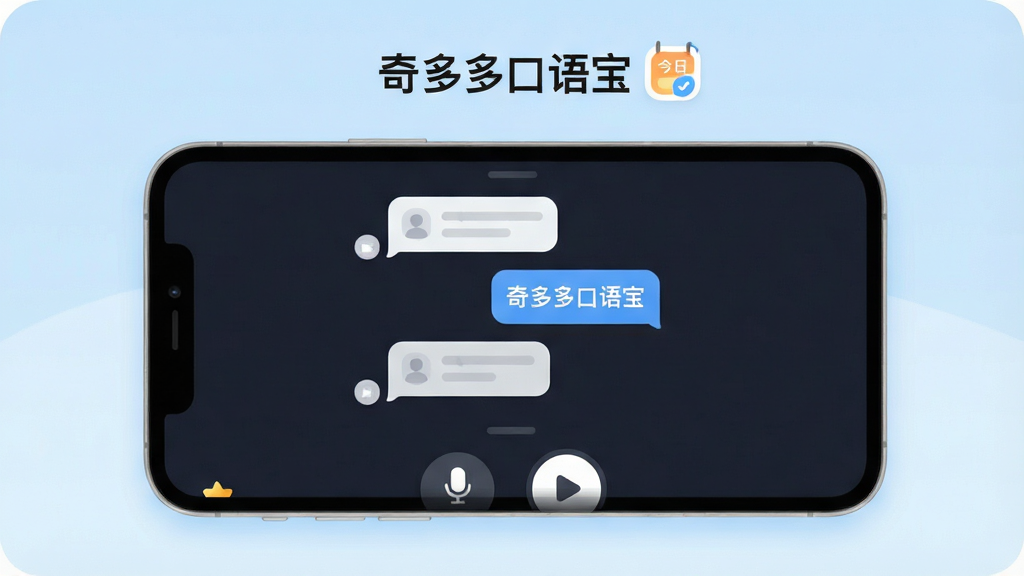 一张展示奇多多口语宝应用全貌的横版海报,主体是手机屏幕内显示该应用的对话练习主界面,背景是淡蓝渐变色,界面布局简洁,上方有“奇多多口语宝”字样和今日学习打卡图标,中间是智能对话气泡示例,底部有麦克风与播放按钮。排版清晰,风格现代扁平,细节圆润。画质干净无多余元素。