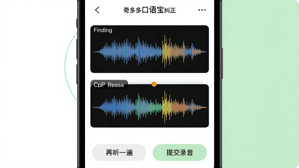 展示奇多多口语宝发音纠正功能的截图,主体是手机屏幕,屏幕中央显示一个英文句子的波形对比图,上方是原声波形,下方是用户跟读波形,并用颜色标注差异部分。屏幕底部有“再听一遍”和“提交录音”的按钮。背景简洁为纯白与浅绿,排版清晰,风格简洁直观,画质干净无多余元素。