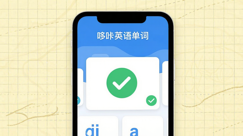 一张手机应用宣传海报,主体为“哆咔英语单词”App的界面展示,采用扁平化设计风格,主色调为蓝白,背景有淡黄色网格纸纹理,界面中央显示单词卡片和绿色对勾图标,排版简洁,细节干净,画质高清,无多余元素