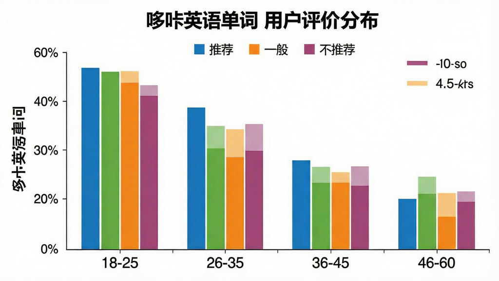 一张用户满意度柱状图,主体为“哆咔英语单词”用户评价分布,横轴为年龄段(18-25、26-35、36-45、46-60),纵轴为百分比数值,不同年龄段用不同颜色柱条表示,图例显示“推荐”、“一般”、“不推荐”,背景为白色,风格简洁商务,细节清晰,画质干净无多余元素