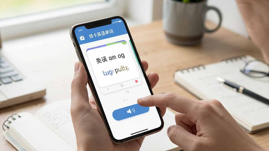 一张手机App使用场景图,主体为“哆咔英语单词”在手机上的运行画面,手机屏幕显示单词卡片和发音按钮,旁边有一只手正在点击,背景是整洁的书桌,风格写实,光影自然,画质清晰,无多余元素
