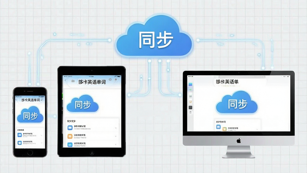 一张云同步示意图,主体为“哆咔英语单词”在手机、平板和电脑上的同步界面,三台设备围绕着一个云朵图标,云朵中有“同步”字样,背景为浅灰色网格,风格简洁科技感,细节清晰,画质干净无多余元素
