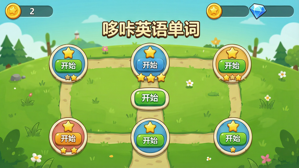 一张游戏化学习界面截图,主体为“哆咔英语单词”的闯关地图,地图上分布着多个关卡节点,每个节点上标有“开始”按钮和星星数量,顶部有金币和钻石图标,背景是卡通风格的绿色草原,排版活泼,风格清新,细节丰富,画质高清,无多余元素