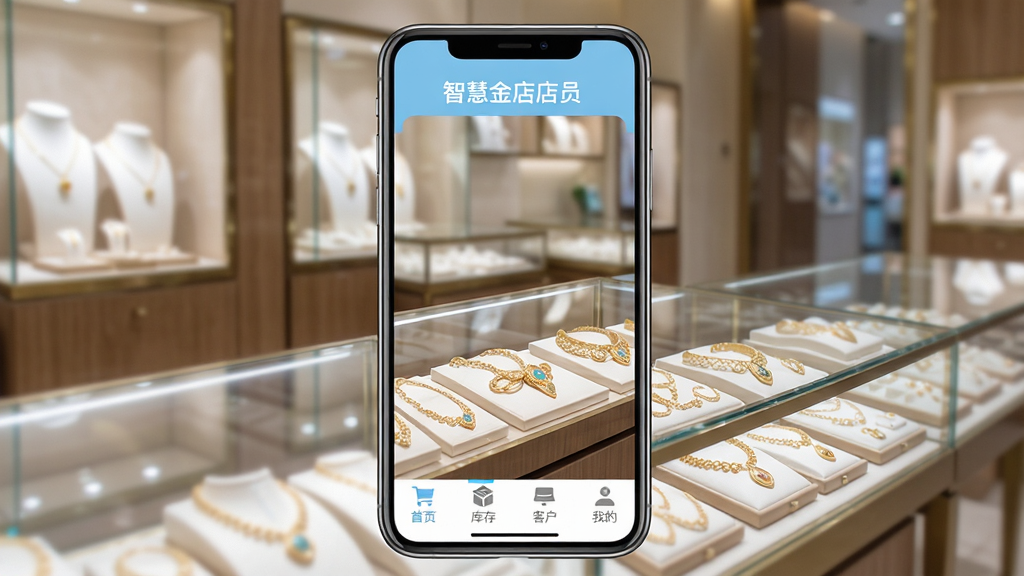 智慧金店店员App主界面展示,手机屏幕内显示“智慧金店店员”字样,背景是整洁的珠宝店柜台,黄金首饰摆放整齐,界面风格简洁现代,浅蓝色主题,底部有首页、库存、客户、我的四个菜单图标,画质高清干净无多余元素