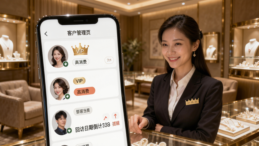 智慧金店店员客户管理页面,手机界面显示客户头像与标签,如“VIP”、“高消费”,有回访日期倒计时提醒,背景是温馨的珠宝店休息区,画质柔和清晰