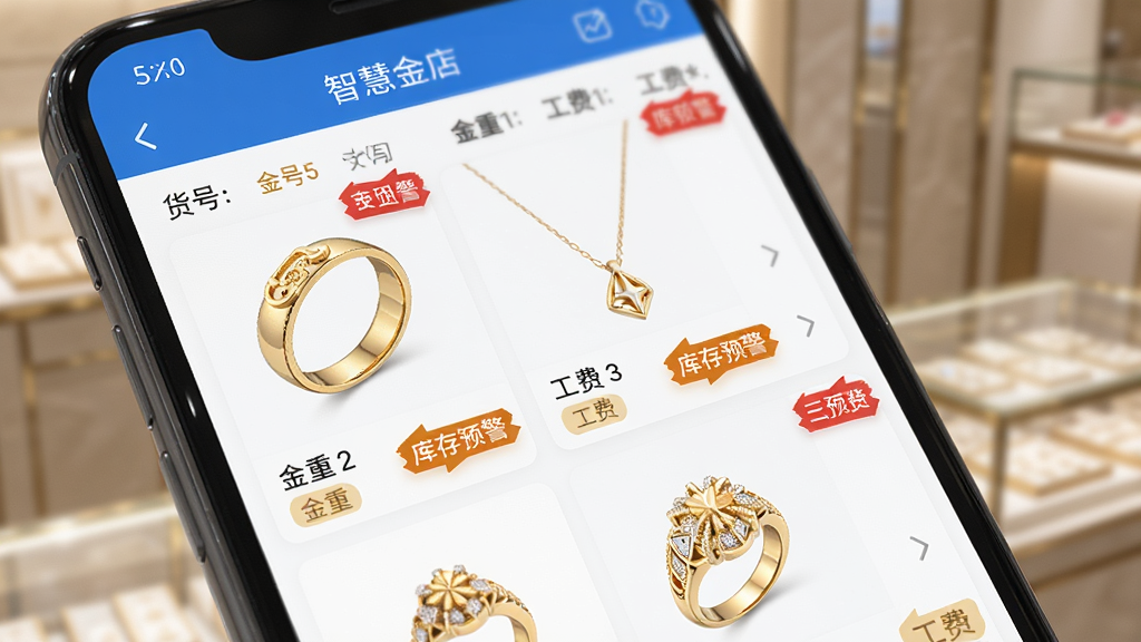 智慧金店店员库存管理界面特写,手机屏幕上显示货品列表,包含黄金手镯、项链、戒指等图片,每个商品有货号、金重、工费标签,界面有库存预警红色标记,画质清晰明亮,风格写实