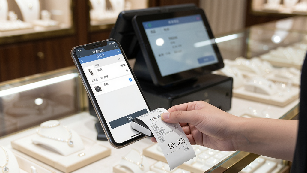 智慧金店店员开单打印功能演示,手机连接小型蓝牙打印机,正在输出购物小票,屏幕上是订单确认页面,显示商品信息与金额,背景是珠宝店柜台,风格真实自然,画质干净
