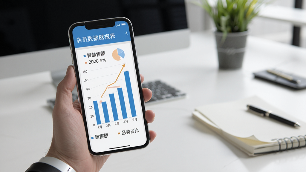 智慧金店店员数据报表图表,手机屏幕显示柱状图和饼图,展示销售额与品类占比,背景是办公桌上有电脑和笔记本,画质清晰专业