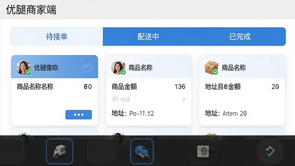 ͼƬ�����������̼Ҷ˶������������ͼ��������ʾ�����ӵ����������С�������ɡ�������ǩҳ��������Ƭ�����˿��ǳơ���Ʒ���ơ����͵�ַ����ɫ����ɫΪ������ɫ��������ƽ��UI��񣬽���ɾ��������޶���Ԫ�أ�ͻ���������ơ������̼Ҷˡ���