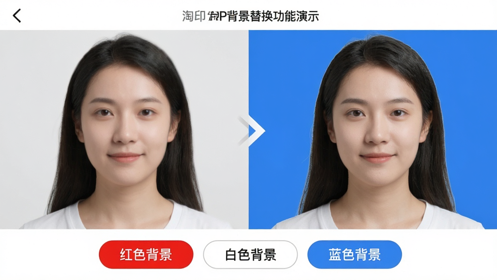 主体:淘印APP背景替换功能演示;布局:左侧是原图人像,右侧是替换成蓝色背景后的效果,中间有箭头符号;排版:分屏对比样式,底部有“红色背景”“白色背景”“蓝色背景”选择按钮;风格:实操展示风格,界面简洁直观;细节:人物边缘羽化自然,无锯齿;画质:高清细腻,无多余元素。
