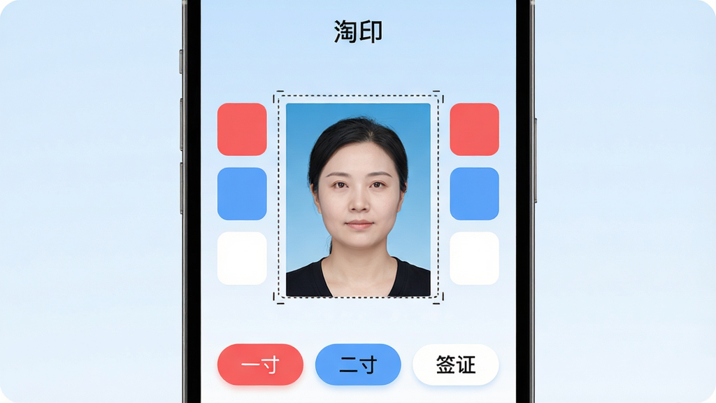 主体:淘印app界面,展示手机屏幕内的证件照排版功能,背景为淡蓝色渐变;布局:中央展示一张标准的免冠证件照,周围有红色、蓝色、白色背景色块选项,底部是“一寸”“二寸”“签证”等规格按钮;排版:UI扁平化设计,按钮圆润,文字标签清晰;风格:现代简约,色彩明亮柔和;细节:照片边缘有裁切虚线框,屏幕上方显示“淘印”字样;画质:高清,干净无多余元素。