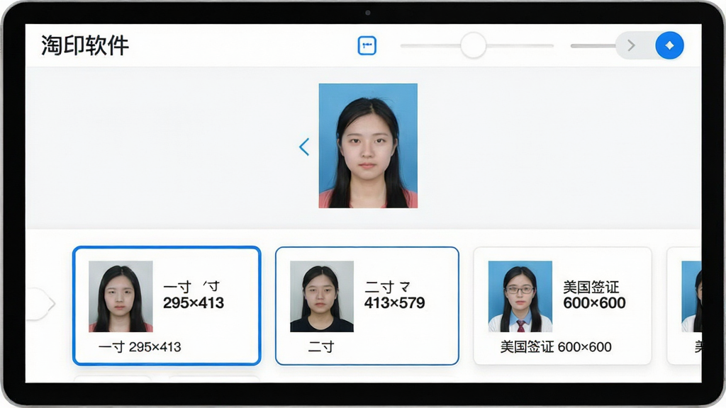主体:淘印软件内规格选择界面,展示滑动菜单;布局:上方显示证件照预览图,下方横向排列多个规格卡片,如“一寸 295×413”、“二寸 413×579”、“美国签证 600×600”;排版:卡片式设计,每个卡片上有照片缩略图和文字标签;风格:清爽简洁,背景白色为主,点缀蓝色;细节:当前选中的卡片有蓝色边框高亮;画质:高清,干净无多余元素。
