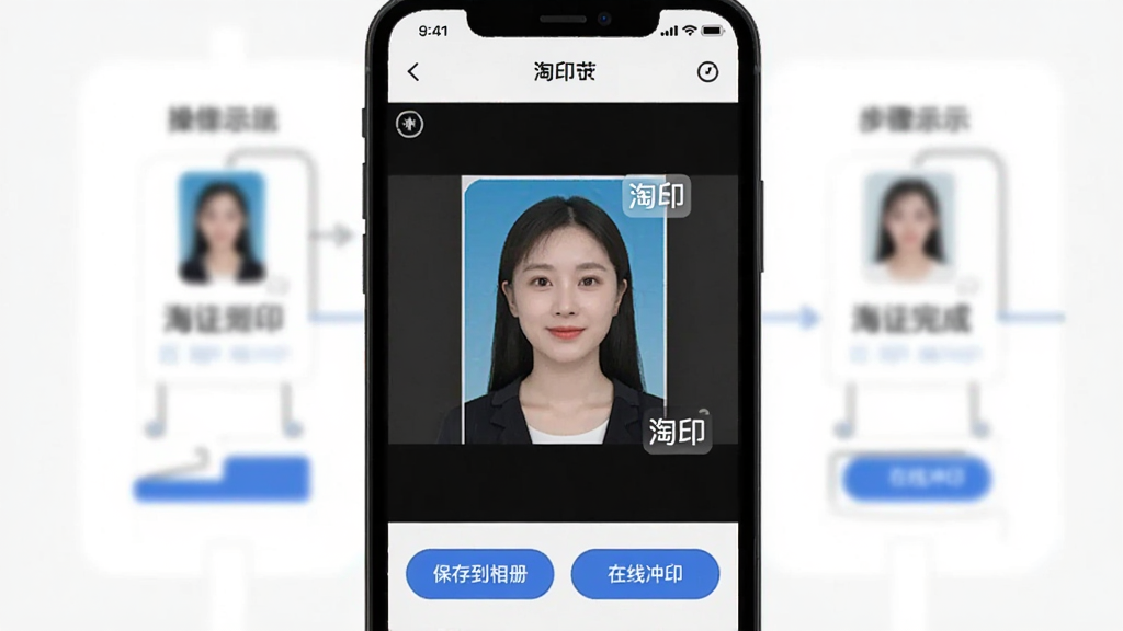 主体:手机屏幕显示淘印操作界面,背景是操作步骤示意图;布局:屏幕中间显示一张制作完成的证件照,下方有“保存到相册”和“在线冲印”按钮;排版:简洁清晰,功能按钮突出;风格:真实截图风格;细节:照片一角有“淘印”水印字样;画质:高清,无多余元素。