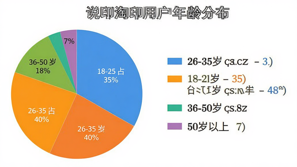 主体:饼状图展示淘印用户年龄分布;布局:左侧是圆形饼图,右侧是图例说明;排版:比例清晰,颜色区分度高;风格:数据可视化风格,背景白色;细节:标注18-25岁占35%,26-35岁占40%,36-50岁占18%,50岁以上占7%;画质:清晰,无多余元素。