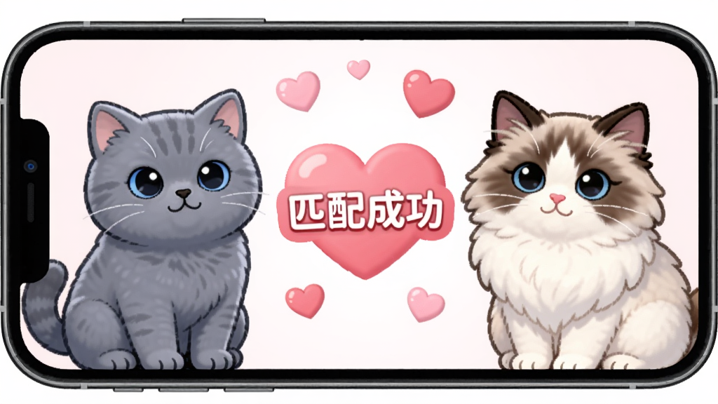 �ֻ���Ļչʾè��ƥ����棬�����һֻӢ����è���ұ���һֻ��żè���м��С�ƥ��ɹ��������������зۺ�ɫ���ģ����濨ͨ�ɰ������岼�����������ʸɾ���