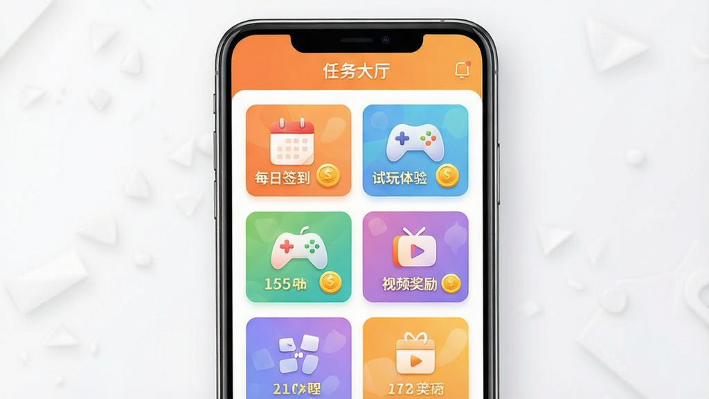 生图提示词:手机App界面截图样式的设计图,上方有“任务大厅”文字标题,下方排列着“每日签到”、“试玩体验”、“视频奖励”等彩色卡片图标,每张卡片都标有金币数量,整体UI以暖橙色和白色为主,主体为界面展示,布局为纵向列表,排版整齐,风格简洁明快,细节清晰,画质干净。