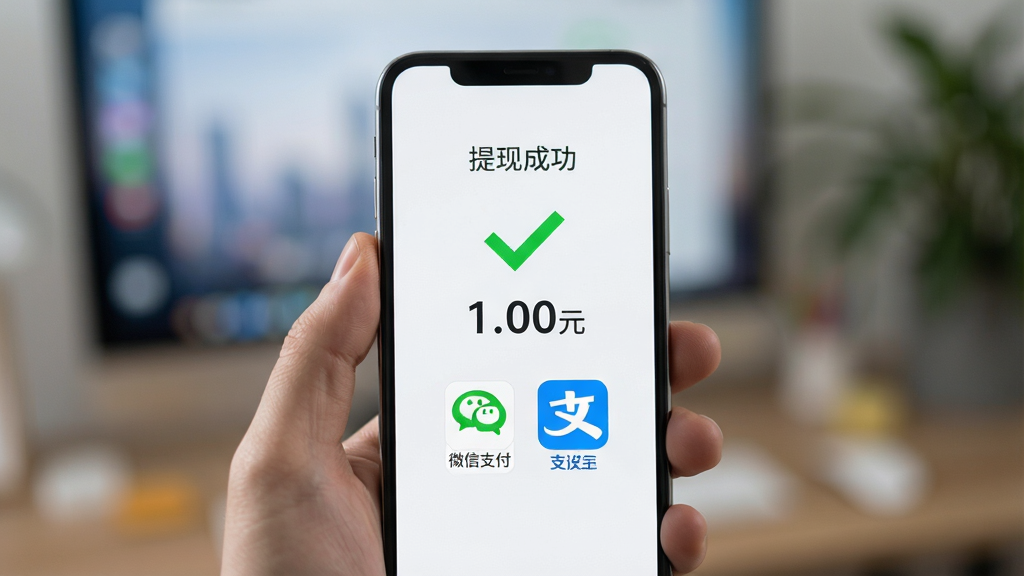 生图提示词:一只手拿着手机,屏幕显示“提现成功”的绿色对勾界面,金额处显示“1.00元”,旁边有微信支付和支付宝的图标,背景虚化处理,突出手机屏幕内容,主体清晰,布局居中,风格写实,细节真实,画质干净无多余元素。