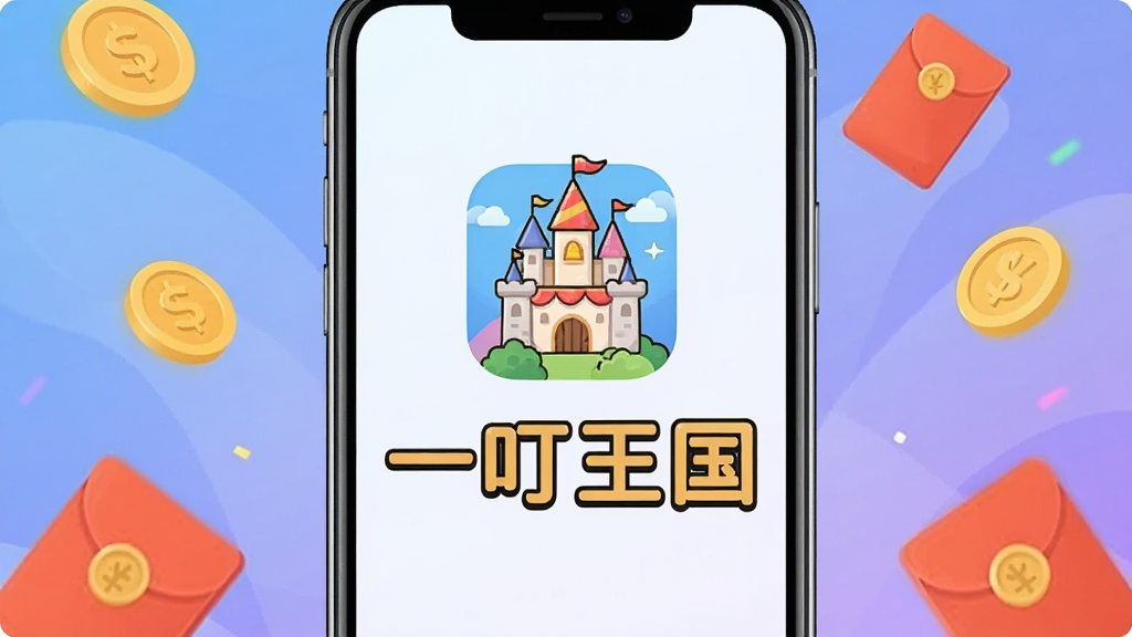生图提示词:一部亮着屏幕的智能手机特写,屏幕中央显示卡通王国城堡图标和“一叮王国”四个大字,手机周围散落金币和红包元素,背景是柔和渐变的蓝紫色,营造轻松愉悦的赚钱氛围,主体突出,布局居中,排版简洁,风格现代扁平,细节丰富,画质干净无多余元素。
