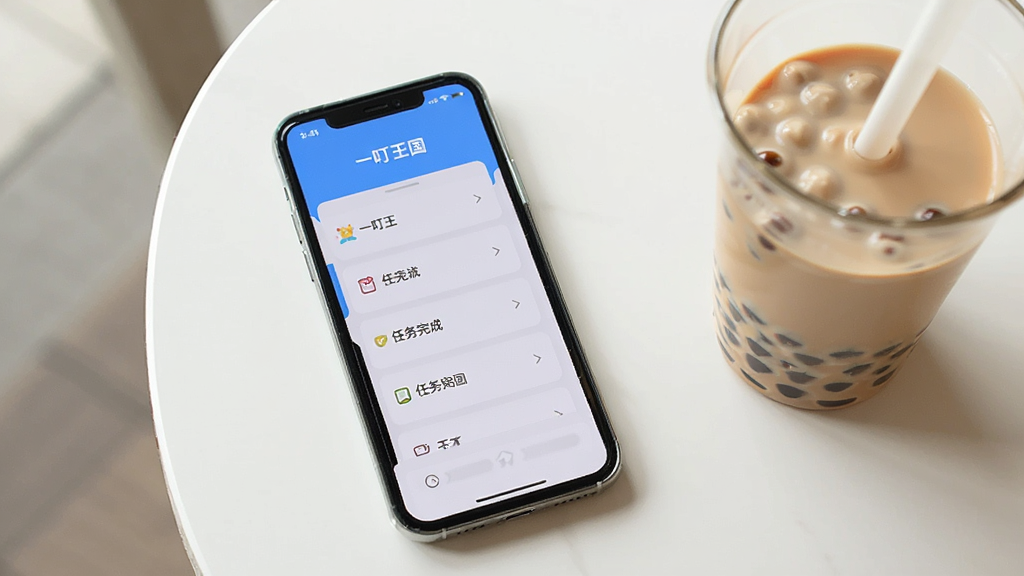 生图提示词:一部手机平放在桌面上,屏幕显示“一叮王国”的任务完成列表,旁边放着一杯奶茶,暗示利用休闲时间赚钱,环境光线明亮,主体为俯拍视角,布局为生活化场景,风格写实,细节自然,画质干净无多余元素。