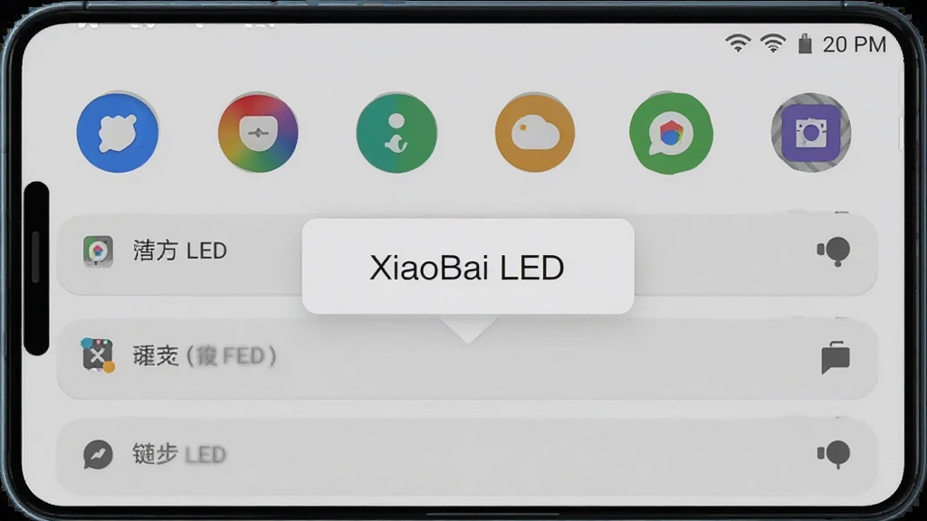一个智能手机状态栏下拉界面,显示经过XiaoBai LED自定义后的状态栏,图标排列有序,部分通知被折叠隐藏,界面风格简约,背景为浅灰色,手机屏幕中央显示