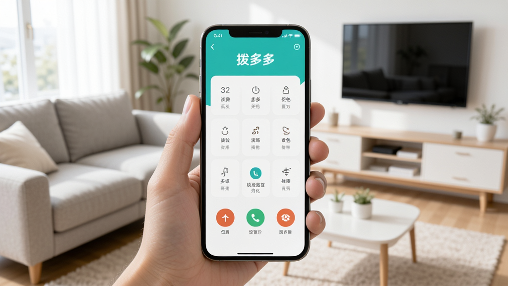 一部手机正被一只手握着,屏幕上显示拨号多多app的快捷拨号分组界面,背景是简洁的客厅,画面整体干净明亮,突出软件的易用性和便捷性。