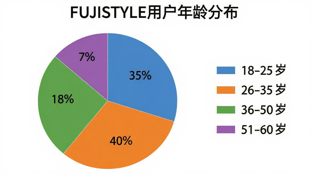 ͼƬչʾһ����״ͼ������Ϊ��FUJISTYLE�û�����ֲ�����ͼ���ĸ���������ֱ����18-25��ռ35%��26-35��ռ40%��36-50��ռ18%��51-60��ռ7%����ɫ�ֱ�Ϊ��ɫ����ɫ����ɫ����ɫ����������������ͼ��λ���Ҳ࣬���ʸɾ��޶���Ԫ��