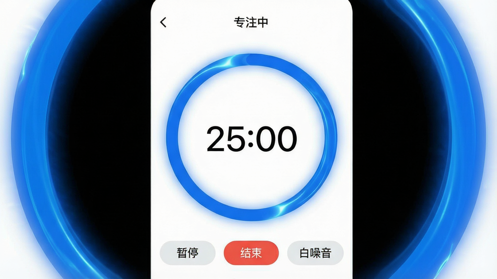 һ���ֻ���Ļ��ͼ����ʾ��������APP��רע��ʱ���棬һ�������ɫԲ�������˴󲿷���Ļ��Բ����������ʾ���֡�25:00����Բ����Ե�������Ĺ�Ч��������һ�����ؼ�ͷ�͡�רע�С��������ײ���������ť������ͣ�������������������������������Ǵ���ɫ����񼫼��ִ������ʸɾ���ͻ��רע��Χ��