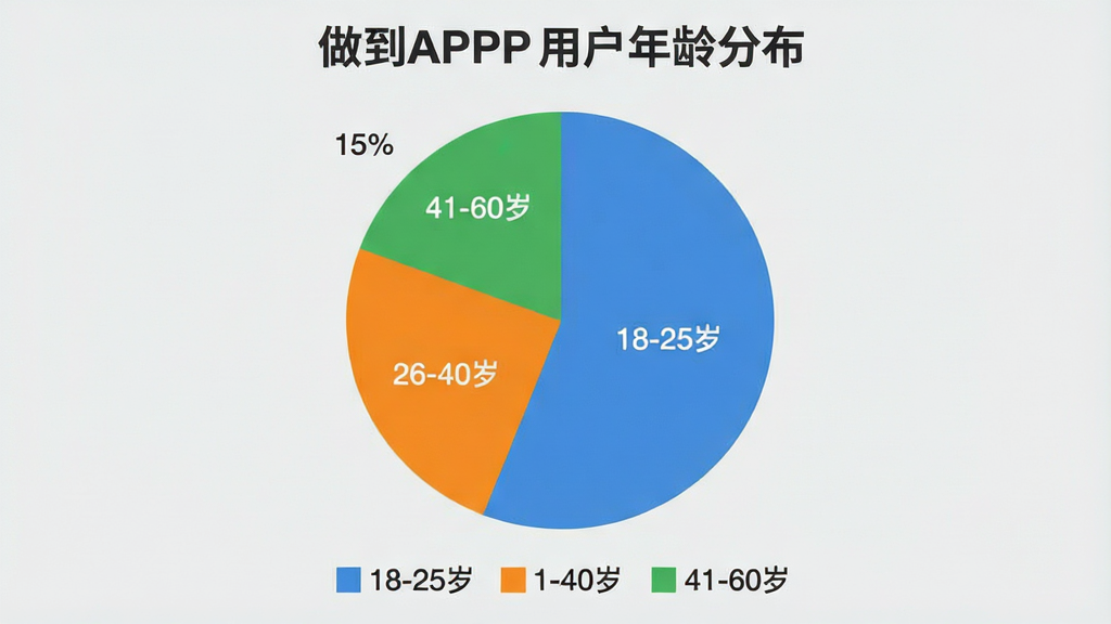 һ�ű�״ͼ��չʾ��������APP���û�����ֲ�����״ͼ������ñ�ƽ����Ʒ�񣬱���Ϊ����ɫ��ͼ�������������ݷֱ�Ϊ����ɫ����ռ55%��ע��18-25�ꡱ����ɫ����ռ30%��ע��26-40�ꡱ����ɫ����ռ15%��ע��41-60�ꡱ��ͼ���·�����������ɫͼ����������ֱ�ۣ����ʸɾ��޶���Ԫ�ء�