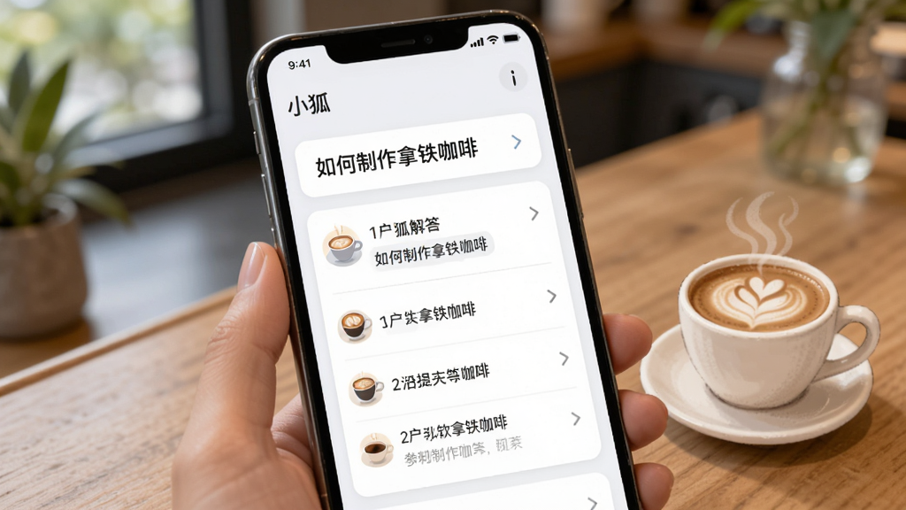 展示“小狐”软件的智能问答功能,手机屏幕上显示用户输入“如何制作拿铁咖啡”的提问,下方是分步骤的详细解答卡片,文字清晰,界面色彩柔和,旁边有一杯咖啡的插图,画质干净,整体风格简洁易读