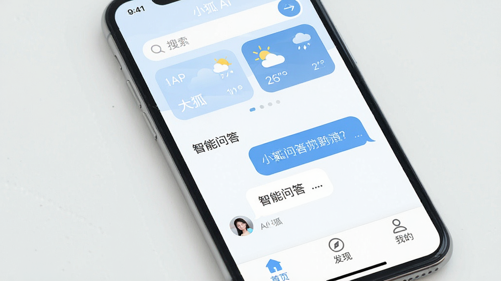 一张手机屏幕的特写,屏幕中显示一款名为“小狐”的AI助手应用的主界面,界面采用简洁的白色与淡蓝色搭配,顶部有搜索框和天气卡片,中间是智能问答对话气泡,底部有“首页”、“发现”、“我的”三个标签栏,整体风格现代扁平,画质干净无多余元素