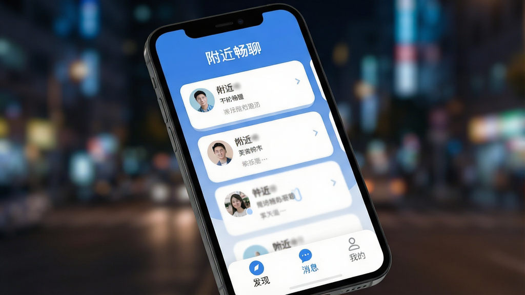 一张手机屏幕特写,手机中显示“附近畅聊”主界面,背景是模糊的城市夜景,界面顶部有“附近畅聊”文字标识,中间是几个附近用户的卡片,底部有“发现”、“消息”、“我的”按钮,整体风格简洁现代,蓝白配色,细节圆润,画质干净无多余元素