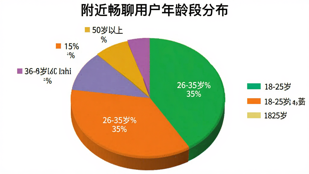 一张饼状图,标题为“附近畅聊用户年龄段分布”,图中显示18-25岁占45%,26-35岁占35%,36-50岁占15%,50岁以上占5%,饼图配色鲜艳,有图例标注,背景为白色,画质干净无多余元素