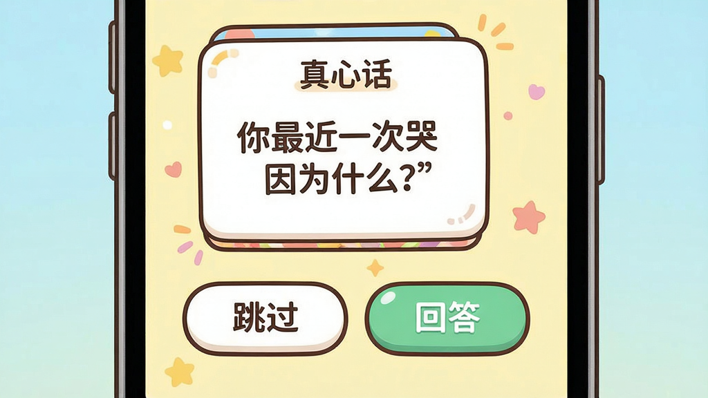 一张手机聊天界面截图,上方显示“真心话”卡片,上面写着“你最近一次哭是因为什么?”,下方有“跳过”和“回答”按钮,聊天背景是淡黄色,整体风格活泼卡通话,细节圆润,画质干净无多余元素
