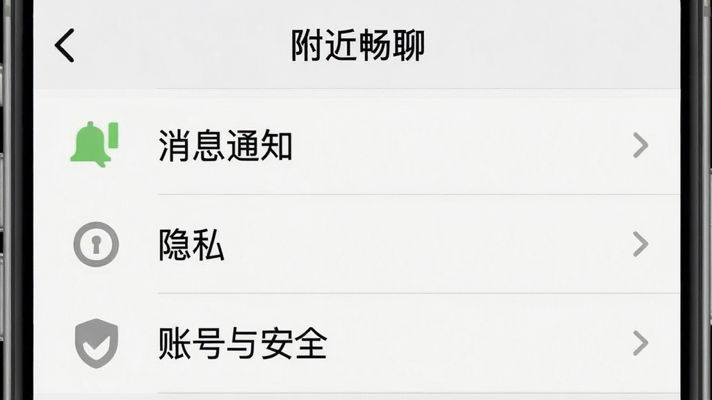 一张手机截图,显示“附近畅聊”的设置页面,其中有“消息通知”、“隐私”、“账号与安全”等选项,背景是浅灰色,每个选项前有图标,风格简洁清晰,画质干净无多余元素