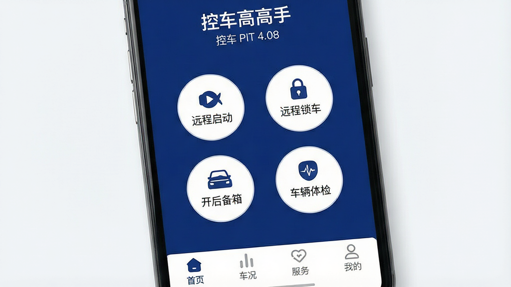 һ�������ֻ���Ļ��д����Ļ���м���ʾ���س��߸��֡�App�������棬����������ɫ�Ͱ�ɫΪ��ɫ����������ʾ����Ʒ�ƺ��ͺţ��м����ĸ�Բ�δ�ť�ֱ��ǡ�Զ������������Զ�����������������䡱����������족���ײ��С���ҳ�������������������񡱡����ҵġ��ĸ�ѡ���������������ִ���Բ��ͼ�꣬���廭�ʣ��ɾ��޶���Ԫ�ء�