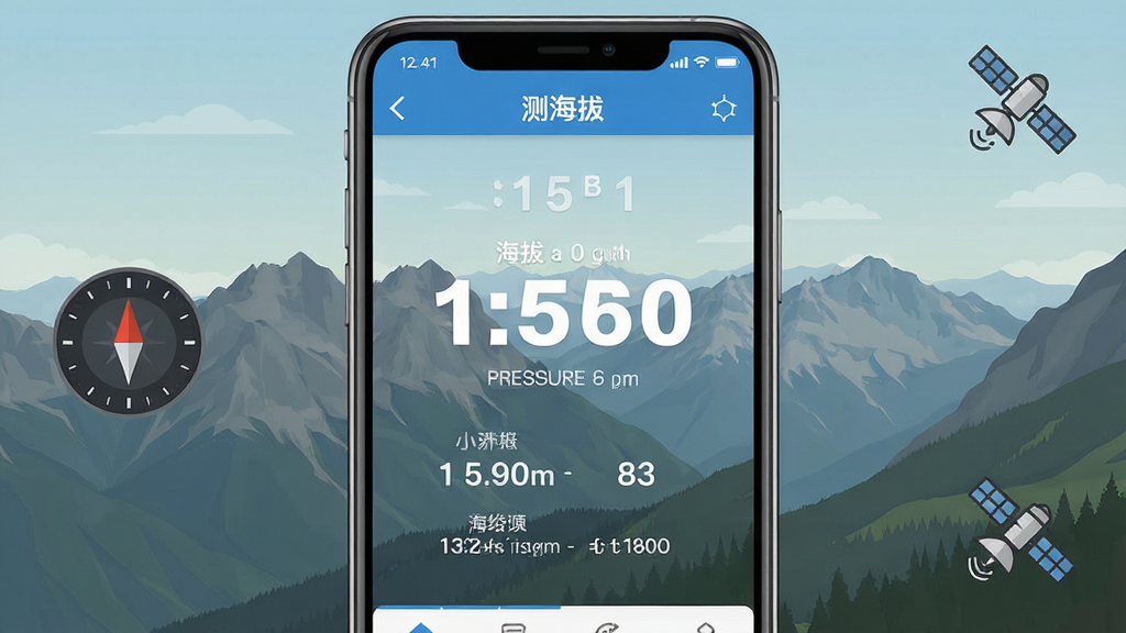 生成一张手机应用界面的高清图片,主体是“测海拔”软件的主界面,中央显示海拔高度数值和气压数据,背景是户外山峦风景,布局简洁,排版清晰,风格现代扁平,细节包含指南针和卫星图标,画质干净无多余元素。