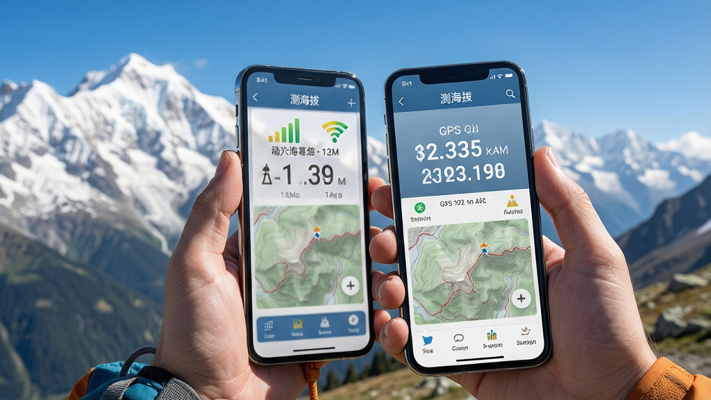 生成一张户外登山场景图,主体为手持手机显示“测海拔”应用,屏幕上有海拔数据和地图坐标,背景是雪山和蓝天,布局合理,排版清晰,风格写实,细节突出GPS信号图标,画质高清干净。