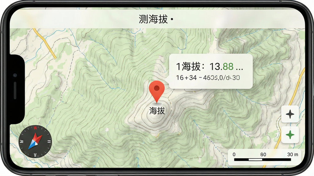 生成一张手机应用截图,显示“测海拔”的离线地图模式,地图上有定位标记和海拔信息浮窗,背景是等高线地形图,布局合理,排版清晰,风格实用,细节包含指南针和比例尺,画质干净。