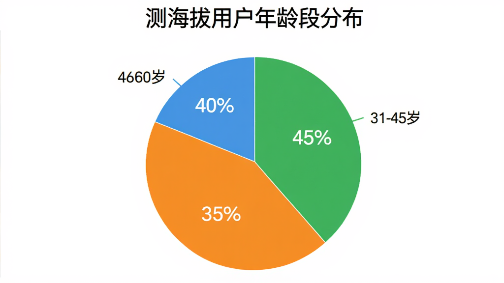 生成一张用户评价饼状图,标题“测海拔用户年龄段分布”,分为18-30岁、31-45岁、46-60岁三部分,比例大致为35%、45%、20%,风格扁平,色彩明亮,图表清晰,画质干净。