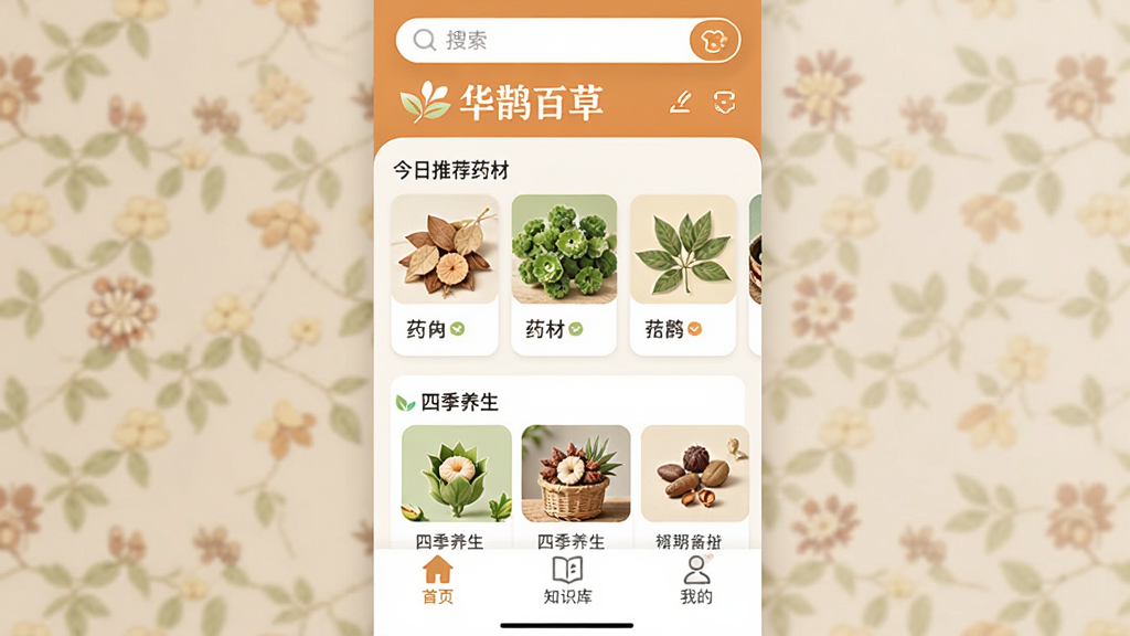 ͼƬչʾ��ȵ�ٲ�App�������棬��ůɫ��Ϊ�����������������͡���ȵ�ٲݡ�Logo���м��ǽ����Ƽ�ҩ�Ŀ�Ƭ���ļ�������Ŀ���ײ�����ҳ��֪ʶ�⡢�ҵ�����ѡ����������࣬�Ű���������ƽ����Ʒ��ϸ��Բ�󣬻��ʸɾ��޶���Ԫ�ء�