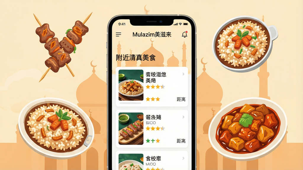 ���壺һ��������Ļ�������ֻ�����Ļ����ʾ��Mulazim��������APP����ʳ�Ƽ����棬��ΧƯ�������˵�������ʳ��Ƭ�翾���⴮����ץ�������̼������֣��ֻ����У���ʳ��Ƭ���ƣ��γ���������֮�ƣ��Ű棺�ֻ���Ļ����չʾ�б�ʽ������Ƭ�������������ơ����ֺ;��룻����ִ���ƽ���廭���ɫ��������ů��ϸ�ڣ���Ļ���С�����������ʳ�������������е��������������������ʣ�������Ⱦ���ɾ��޶���Ԫ�ء�