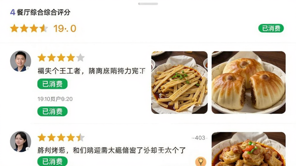 ���壺�ֻ�APP����ҳ���ͼ��չʾ�����û����ۣ����֣������ǲ����ۺ����֣��·����û�ͷ���Ǽ����������ۣ�������ʳ����Ƭ���Ű棺���۰�ʱ�����У�ÿ�����С������ѡ���ɫ��ǩ����񣺼��������罻�����棻ϸ�ڣ���Ƭ���������ӡ������ӵ���ʳ�������������������ʣ��ɾ��޶���Ԫ�ء�