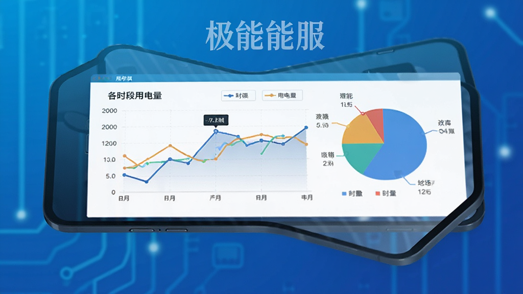 极能能服能耗监控图表展示,手机屏幕上是折线图和饼图,显示各时段用电量,图表上方有“极能能服”水印,背景是科技感蓝色渐变,扁平化设计,数据清晰,画质干净无多余元素