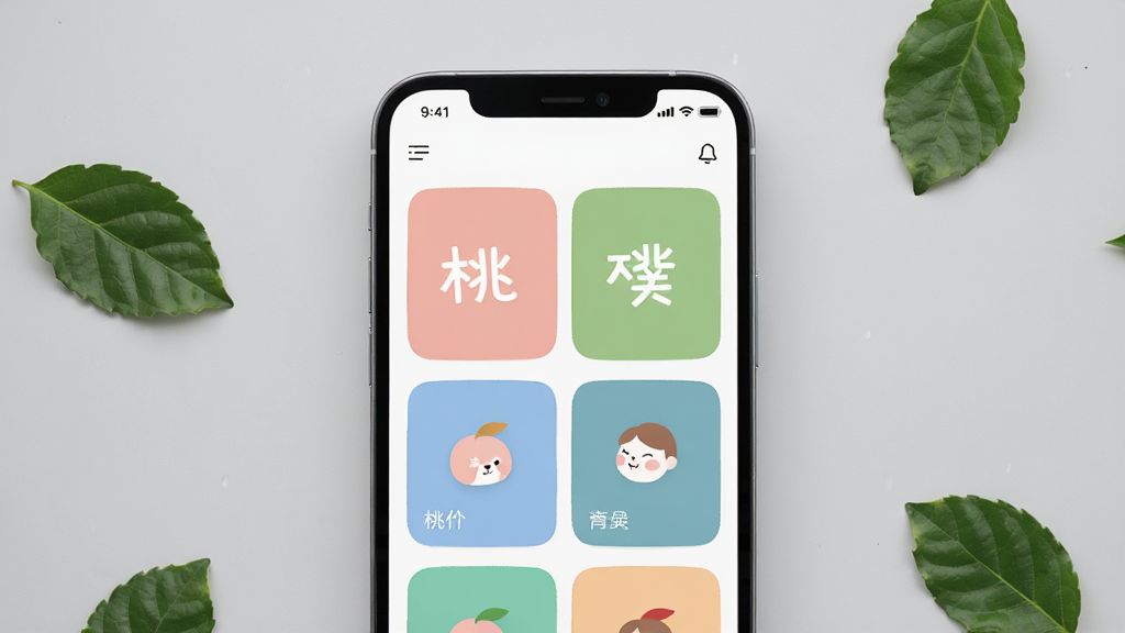 展示桃噗噗清爽界面的手机截图场景,手机居中显示,屏幕内是桃噗噗的简洁首页布局,大色块功能入口,无任何广告横幅,背景是纯色浅灰桌面,上面散落几片绿叶,布局干净,风格简约清新,细节丰富,画质细腻干净无多余元素