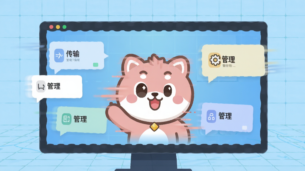 动态展示桃噗噗高效处理多任务的画面,屏幕上多个任务卡片流畅切换,每个卡片上标注着“传输”“管理”等字样,背景为科技感十足的淡蓝色网格,主体是桃噗噗的logo形象,布局有层次感,风格扁平化设计,细节之处体现速度感,画质清晰干净无多余元素