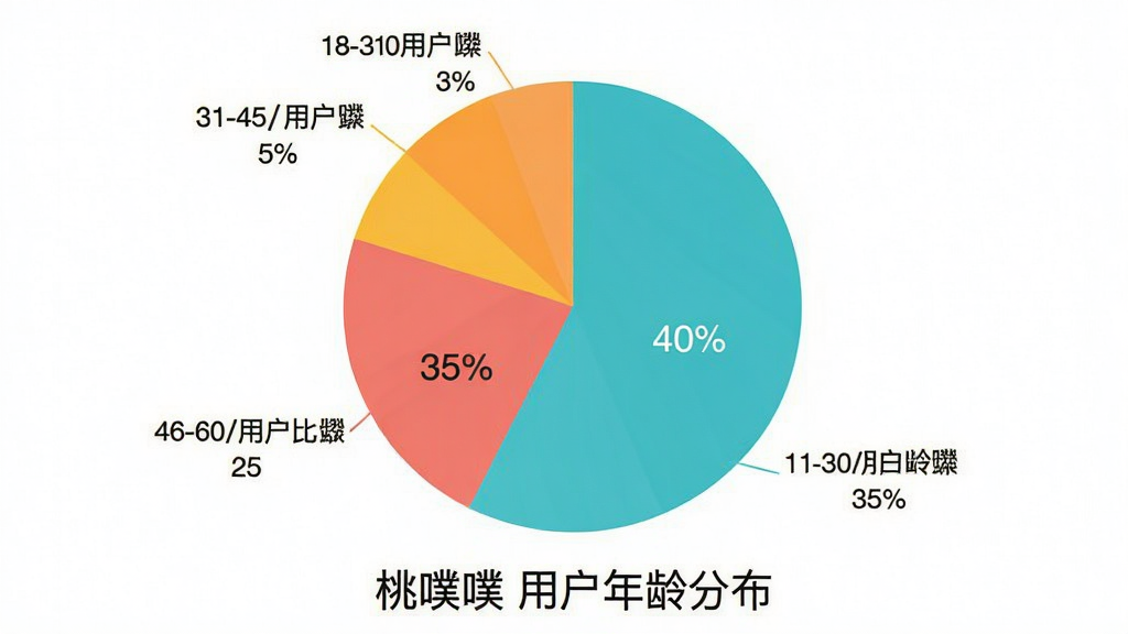 一张用户评价数据分布图,饼状图显示18-30岁用户占比40%,31-45岁用户占比35%,46-60岁用户占比25%,下方标注“桃噗噗 用户年龄分布”,背景为白色,图表清晰,色彩明亮,风格扁平化,画质干净无多余元素